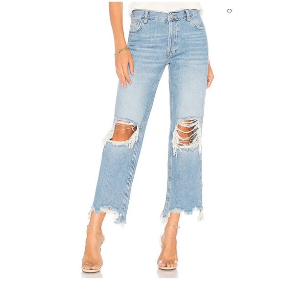 NEW Free People Maggie Distressed Light Wash Denim Straight Leg Crop Ankle Jeans - Picture 1 of 13